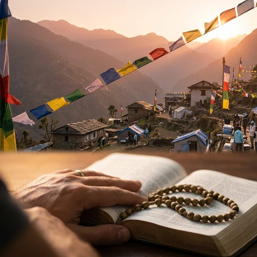 Mão sobre livro aberto com colar de contas, diante de vilarejo montanhoso com bandeirinhas