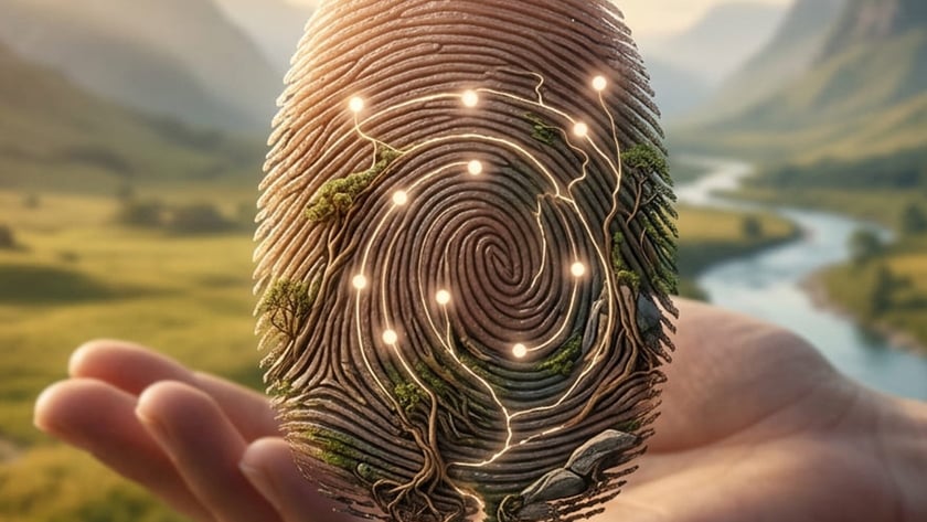 Mão aberta segura uma impressão digital gigante com árvores, raízes e luzes, diante de um vale.