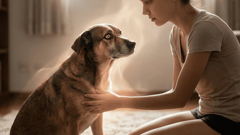 Mulher ajoelhada em uma sala acaricia o peito de um cachorro sentado no tapete.