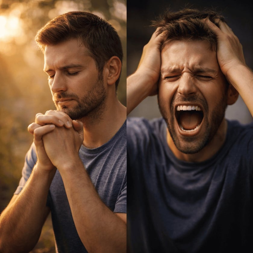 Dois quadros lado a lado: homem barbado de mãos juntas e outro gritando, com as mãos na cabeça.