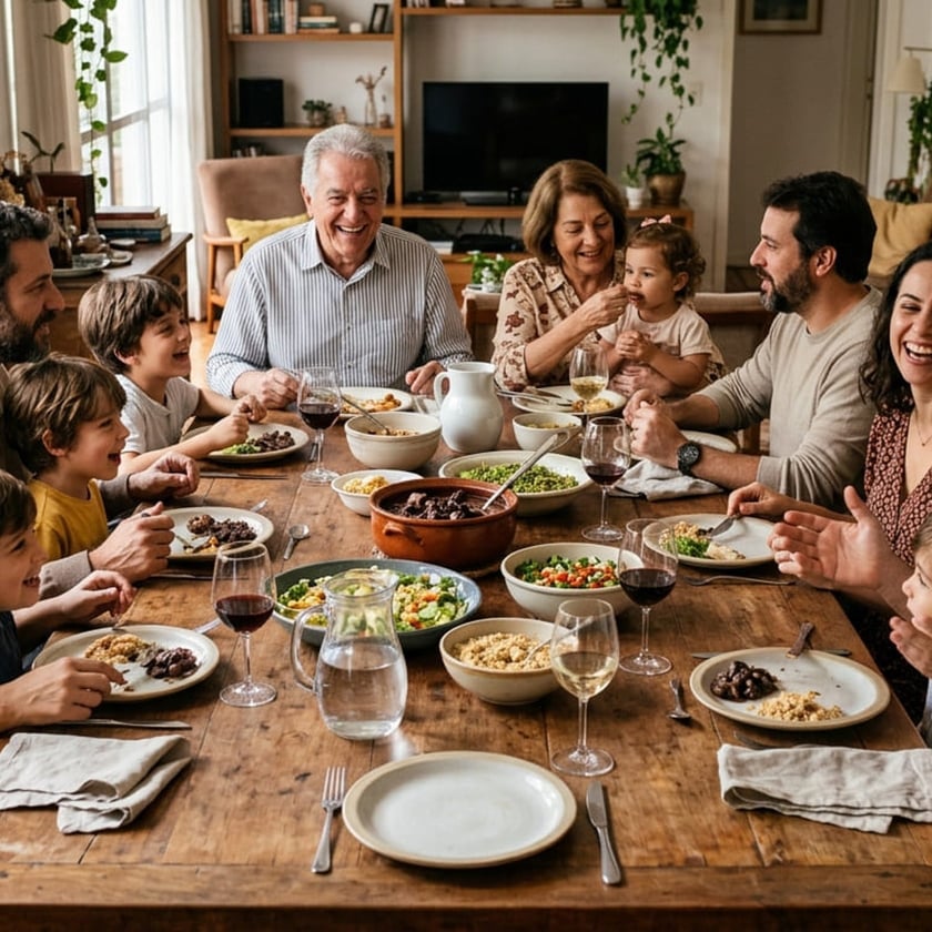 Família de várias gerações almoça sorrindo em volta de uma grande mesa de madeira.