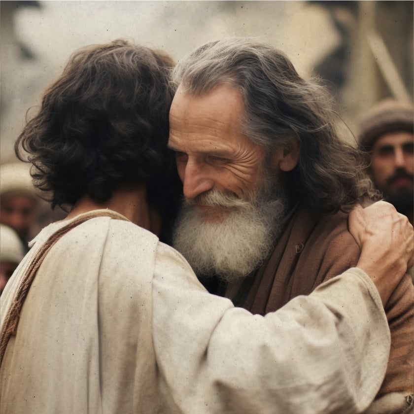Dois homens se abraçam; um idoso de barba branca sorri, cercado por outros homens.