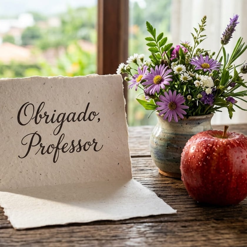 Cartão ao lado de vaso com flores e maçã: "Obrigado, Professor"