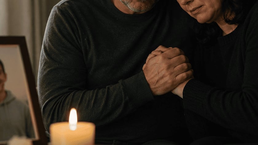 Homem de meia-idade de olhos fechados abraça outra pessoa, ao lado de retrato e vela.