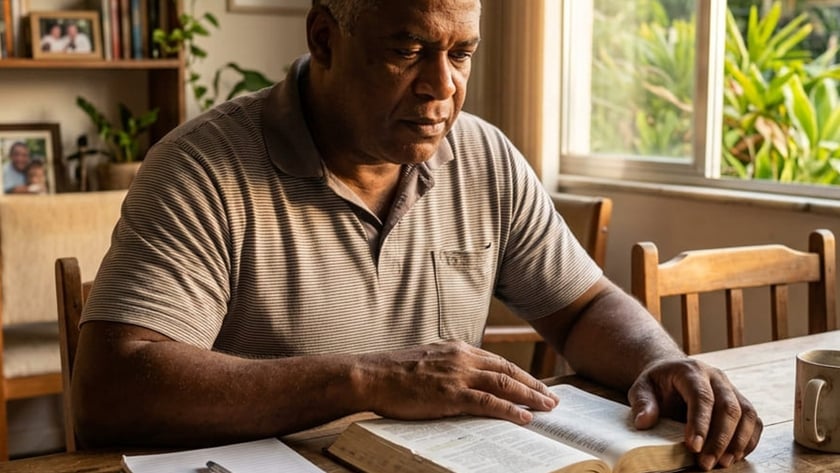 Homem de camisa polo lê uma Bíblia numa mesa de madeira, com calculadora e caderno.