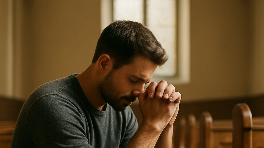 Homem de barba com as mãos unidas junto ao rosto, rezando sentado em um banco de igreja.
