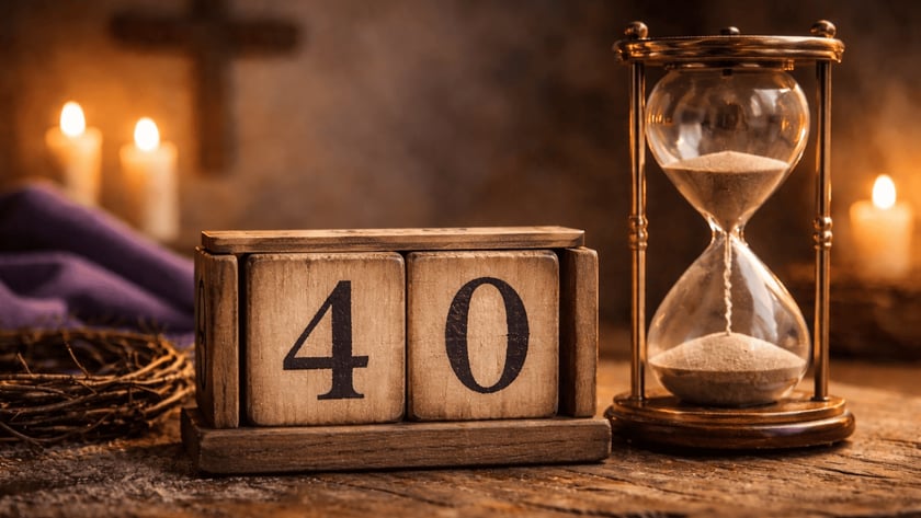 Ampulheta de latão ao lado de blocos de madeira com o número "40", sobre mesa rústica.