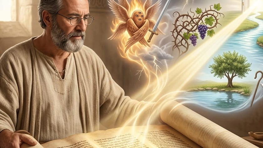 Homem barbudo de óculos lê um pergaminho de onde surgem símbolos proféticos, como anjo, espada