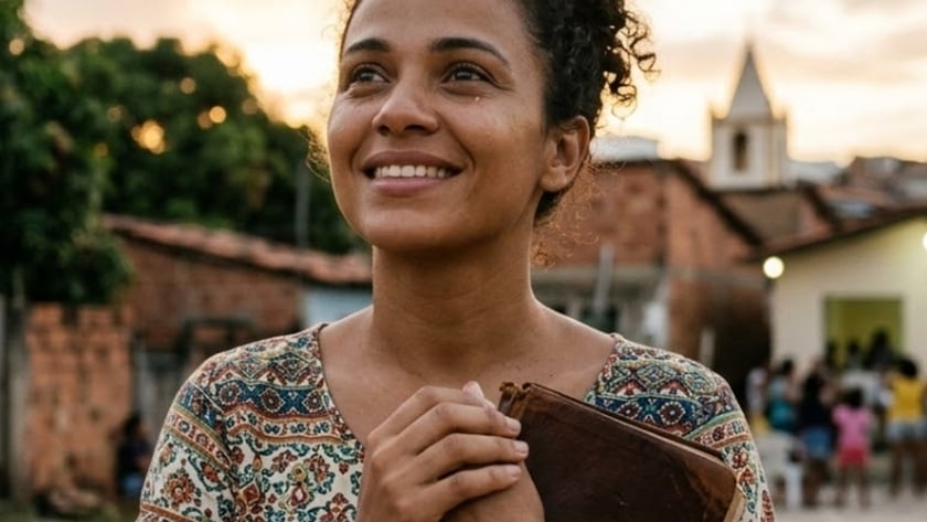 Mulher sorrindo olha para o alto, segurando um livro de capa marrom, em um bairro simples.