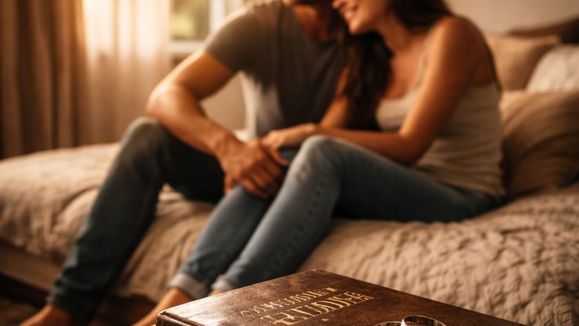 Casal sentado abraçado na cama, com aliança sobre uma Bíblia em primeiro plano.