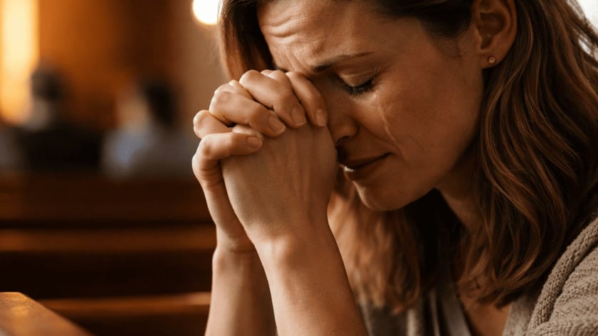 Mulher de cabelo castanho com as mãos unidas junto ao rosto, rezando em um banco de igreja.