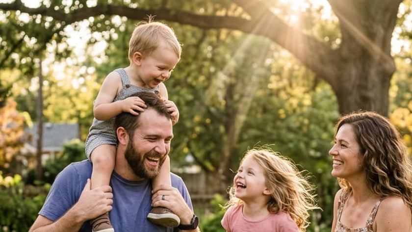 Família brinca em um quintal: pai com menino nos ombros, menina e mãe.