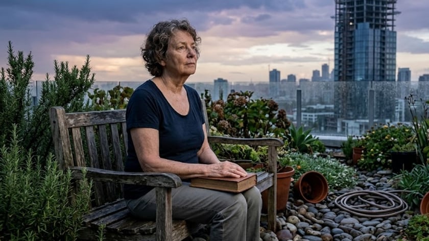 Mulher grisalha sentada em banco de madeira num terraço com plantas, segurando um livro.