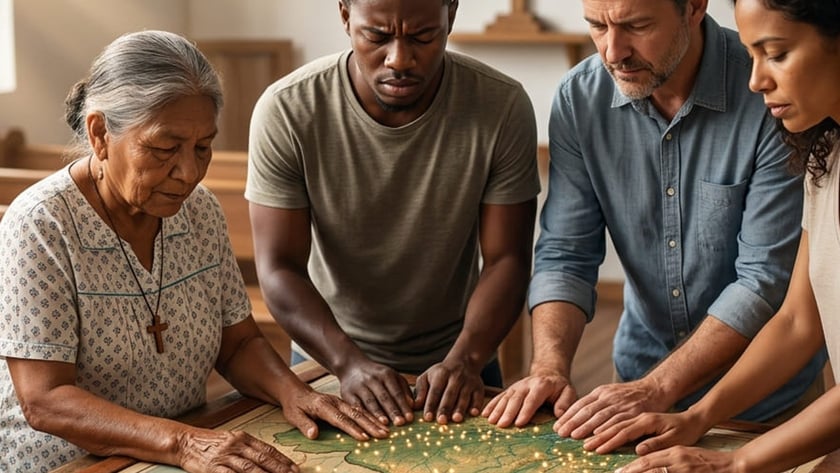 Quatro pessoas de olhos baixos apoiam as mãos sobre um mapa com pontos luminosos, sob uma cruz.
