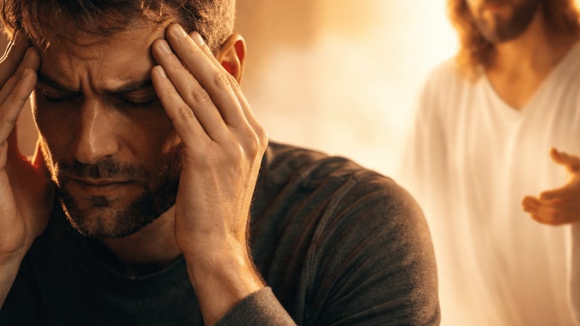 Homem de barba com a mão na testa e, ao fundo, figura de túnica branca estendendo a mão.