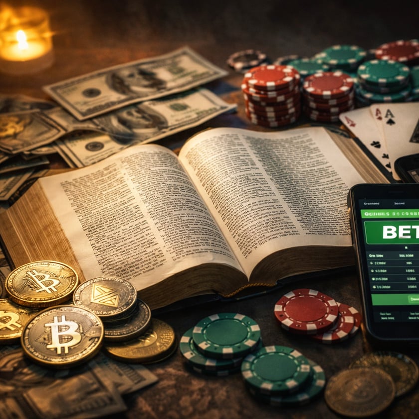 Livro aberto cercado por dinheiro, fichas de pôquer, moedas de bitcoin, cartas e celular com "BET".