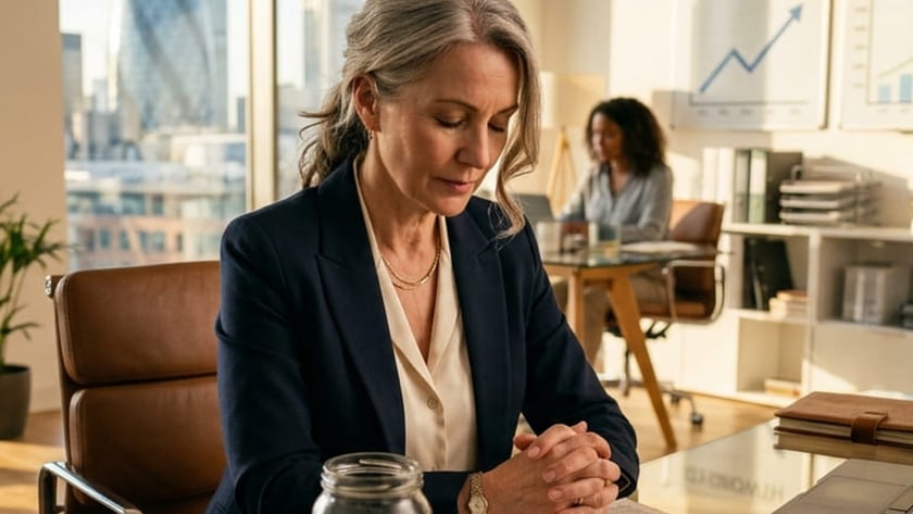 Mulher de blazer com as mãos unidas diante de uma Bíblia aberta e um pote de moedas, em escritório.