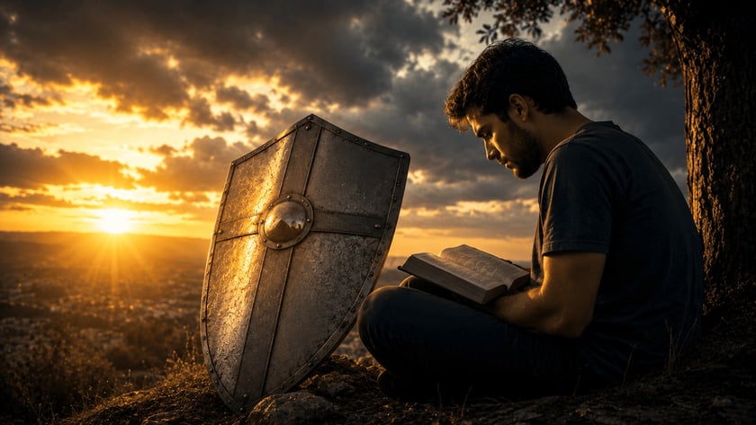 Jovem sentado em um morro lê um livro aberto ao lado de um grande escudo de metal.