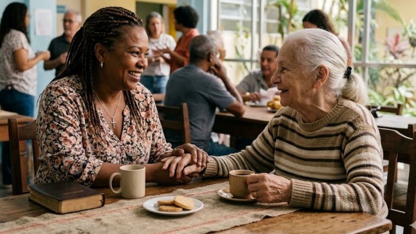 Mulher de tranças sorri à mesa, segurando a mão de outra pessoa, com café, biscoitos e Bíblia.