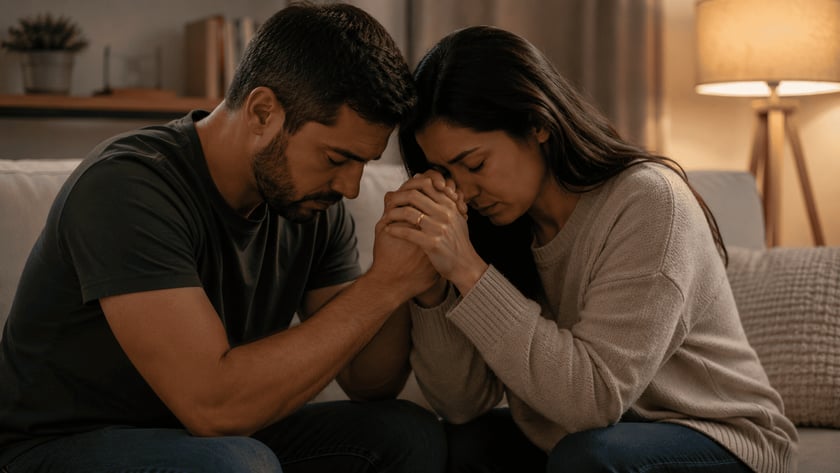 Homem e mulher sentados num sofá, de cabeças encostadas e mãos entrelaçadas, de olhos fechados.