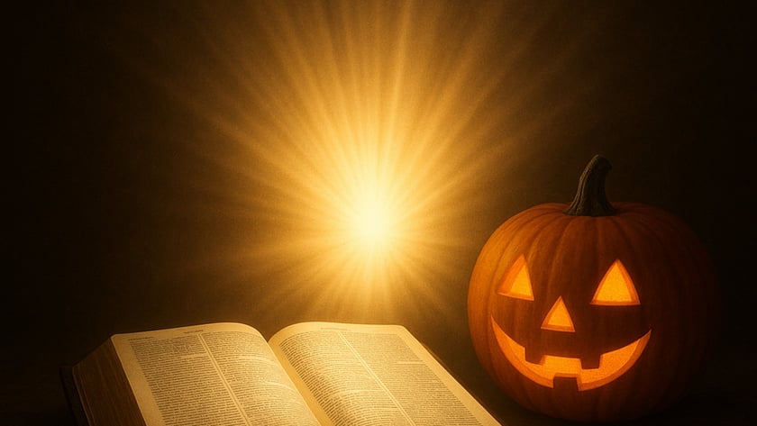 Bíblia aberta sobre uma mesa, ao lado de uma abóbora de Halloween entalhada e acesa.