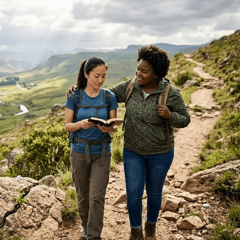 Duas mulheres com mochilas caminham em uma trilha na montanha, uma lendo um livro.