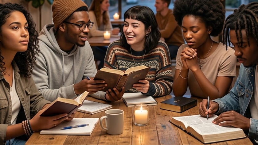 Cinco jovens estudam a Bíblia em volta de uma mesa de madeira numa cafeteria.