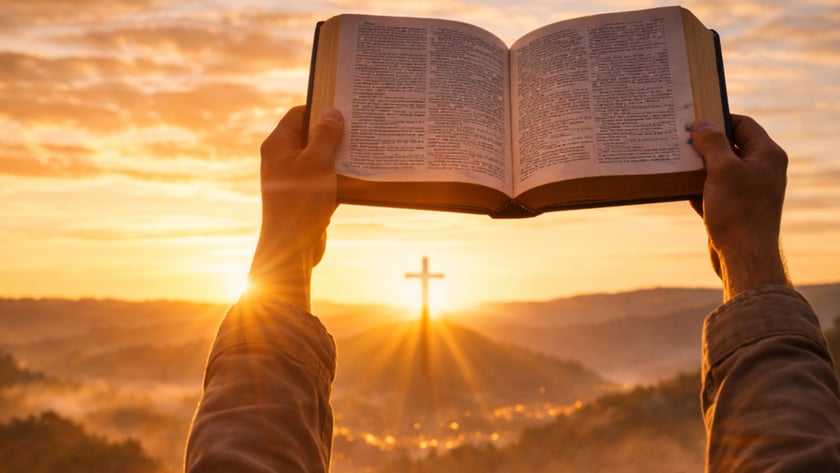 Duas mãos erguem uma Bíblia aberta diante de uma cruz sobre uma colina ao nascer do sol.