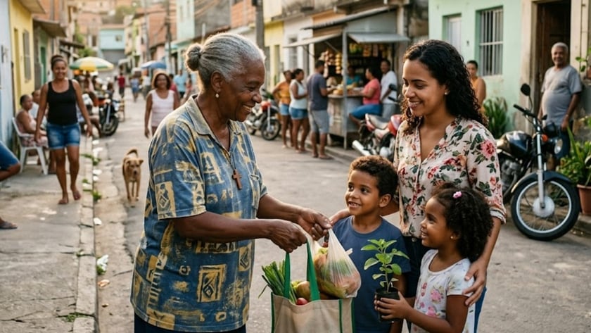 Mulher e duas crianças recebem sacola de verduras de idosa em rua de bairro.