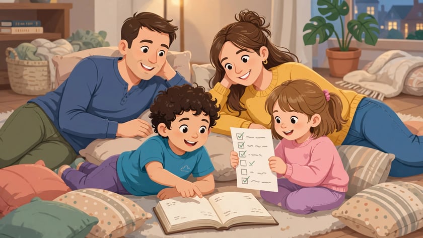 Família deitada na sala olha um livro aberto e uma lista com itens marcados.