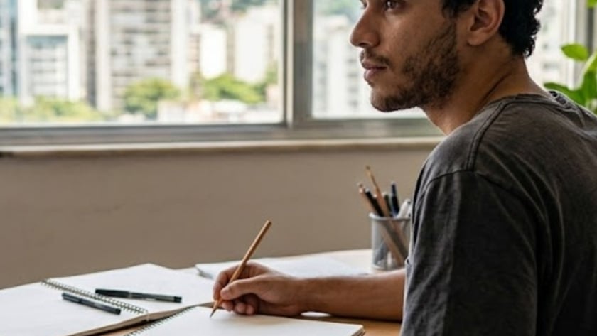Homem de cabelo cacheado desenha em caderno ao lado de uma janela com prédios.