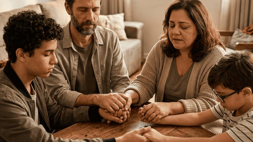 Família de quatro pessoas de mãos dadas e olhos fechados, rezando à mesa na sala.