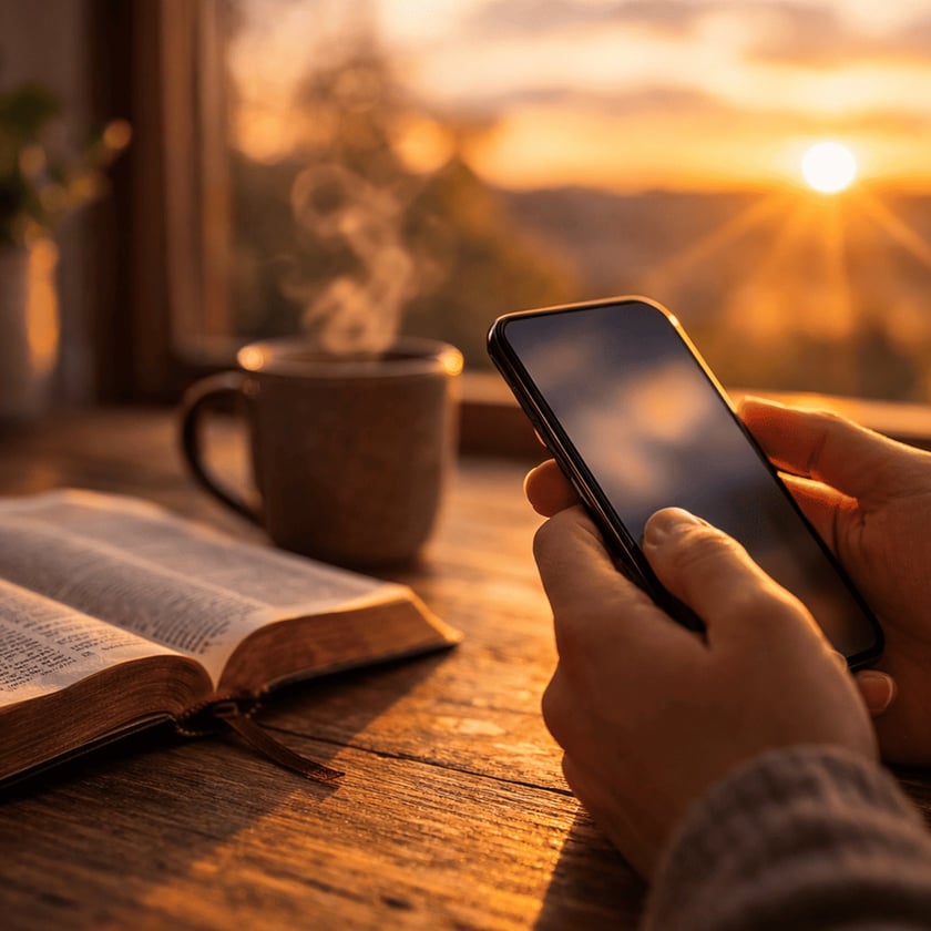 Mãos seguram um celular ao lado de uma Bíblia aberta e uma xícara fumegante.