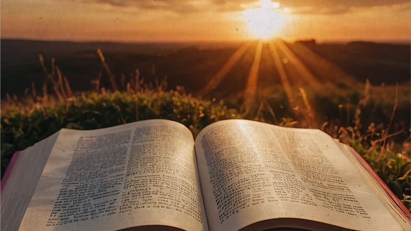 Livro aberto sobre a grama, com o sol se pondo no horizonte ao fundo.