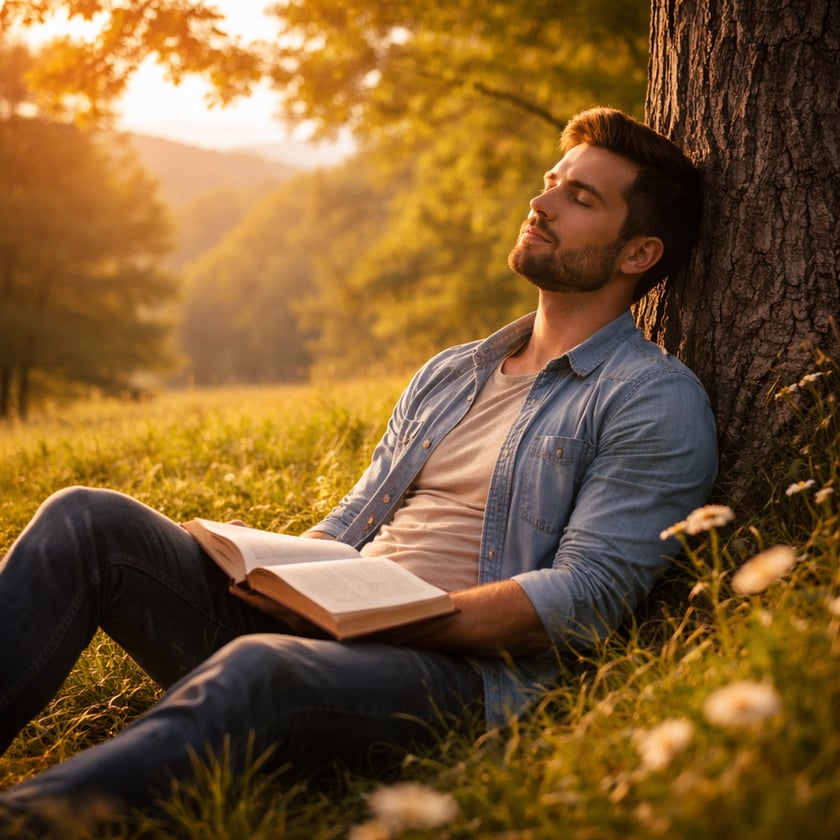 Homem de barba, com um livro aberto no colo, descansa encostado numa árvore no campo.
