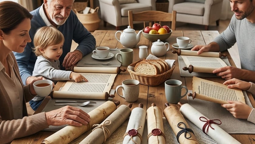 Família de várias gerações ao redor de uma mesa de madeira com rolos de pergaminho e chá.