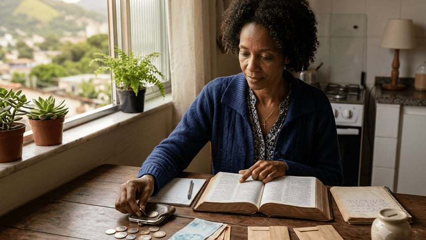 Mulher sentada à mesa lê uma Bíblia ao lado de dinheiro, moedas e envelopes.