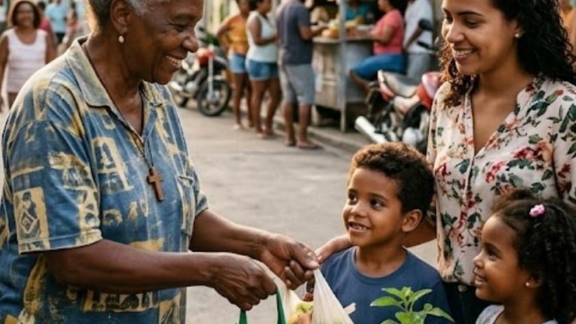 Mulher e duas crianças recebem sacola de verduras de idosa em rua de bairro.