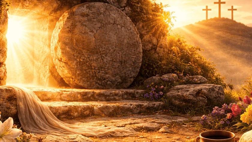 Tumba de pedra aberta ao amanhecer, com coroa de espinhos, cálice, pão e três cruzes ao fundo.