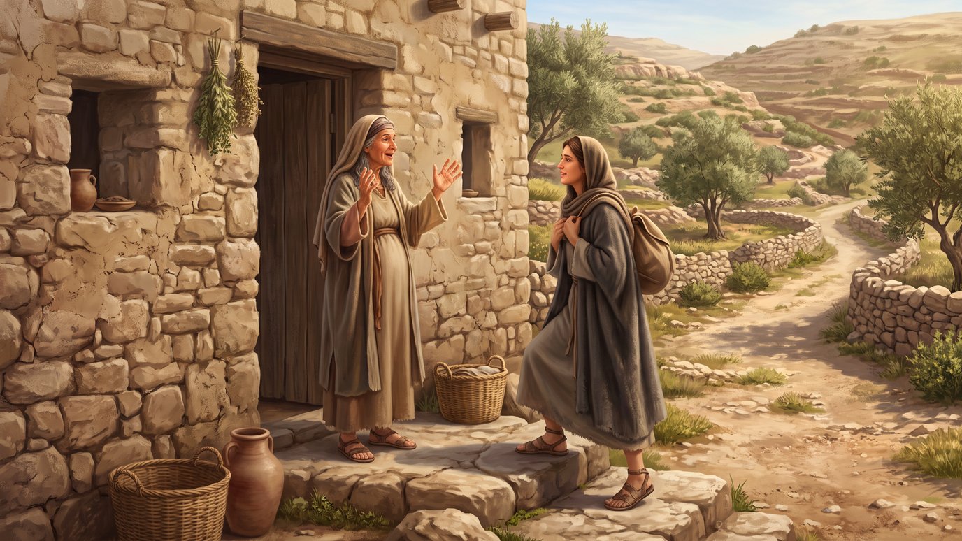 Duas mulheres conversam à porta de uma casa de pedra, em meio a colinas com oliveiras.