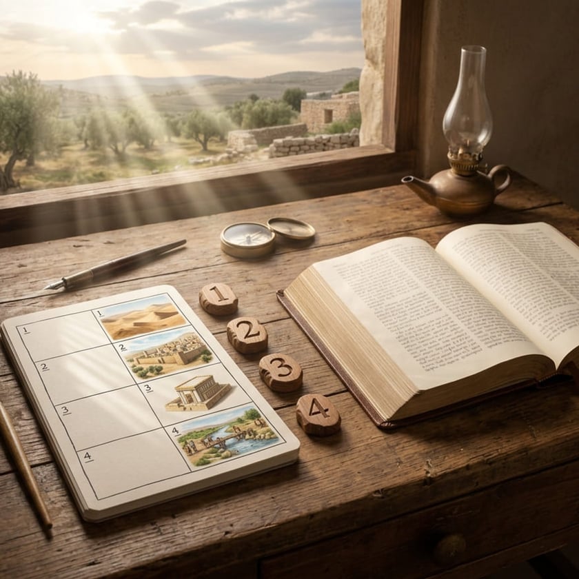 Mesa rústica com Bíblia aberta, caderno de quatro cenas numeradas, fichas de madeira e lamparina.