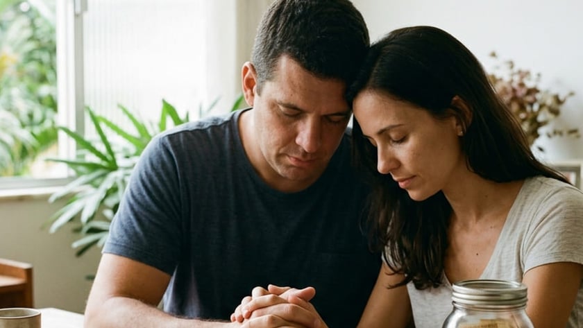 Casal com as cabeças juntas e mãos unidas sobre uma Bíblia aberta