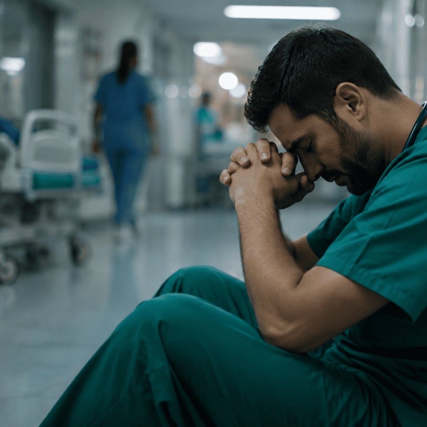 Profissional de saúde de uniforme verde sentado no chão de um corredor hospitalar