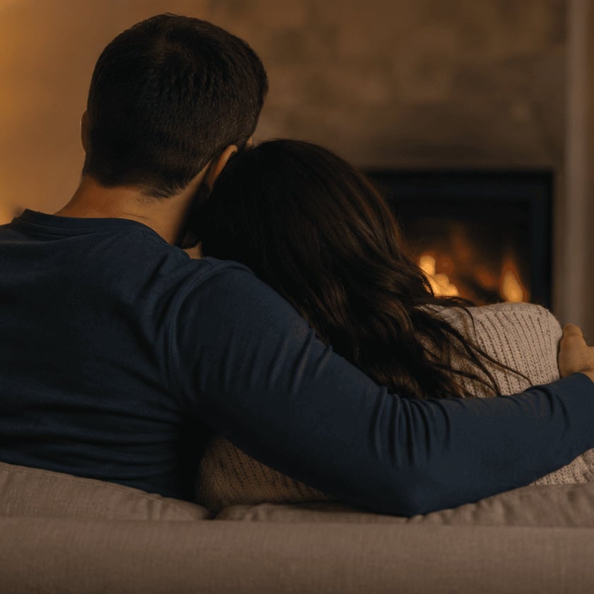 Casal abraçado de costas em um sofá, em uma sala com abajur aceso.