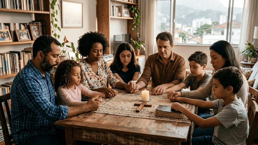 Família de mãos dadas e olhos fechados reza ao redor de uma mesa com vela, cruz e Bíblia.
