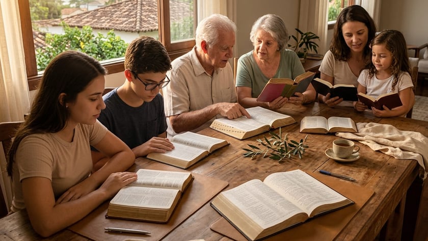 Família de várias gerações lê Bíblias abertas em volta de uma mesa de madeira.
