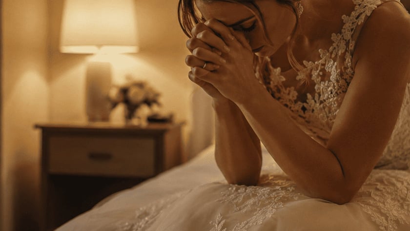 Noiva de vestido branco rendado sentada na cama, com o rosto coberto pelas mãos.