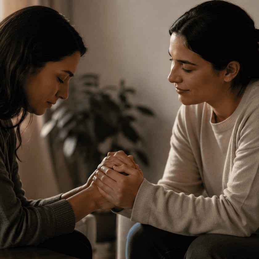 Duas mulheres sentadas de mãos dadas em uma sala, uma delas de cabeça baixa e olhos fechados.
