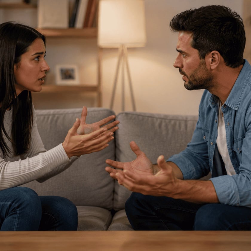 Mulher e homem sentados num sofá cinza conversando, gesticulando com as mãos abertas.