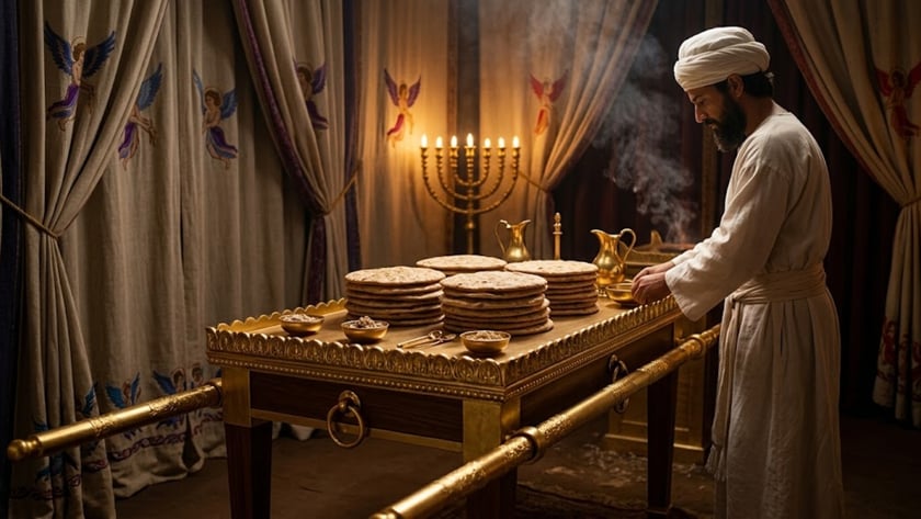 Sacerdote de turbante arruma pães sobre uma mesa dourada, junto a um candelabro aceso.